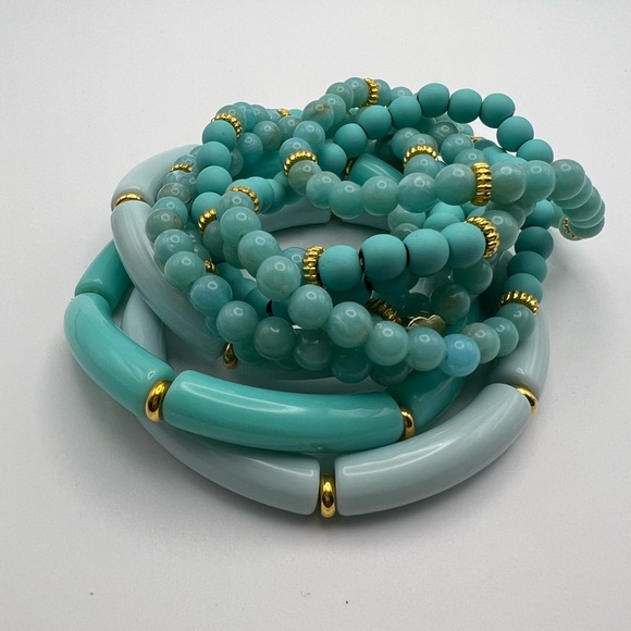 Boho Chic Teal Stackable Bead Bracelet Set - Stylish Dressy Bracelet Set - Picture 6 of 13